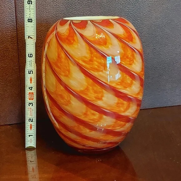 Rare Murano Swirl Art VaseHand-Blown Red & GoldDouble Cased White Inside